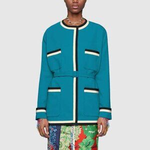 Gucci PF/18 Blue Belted Trimmed Stretch Viscose Oversized Jacket